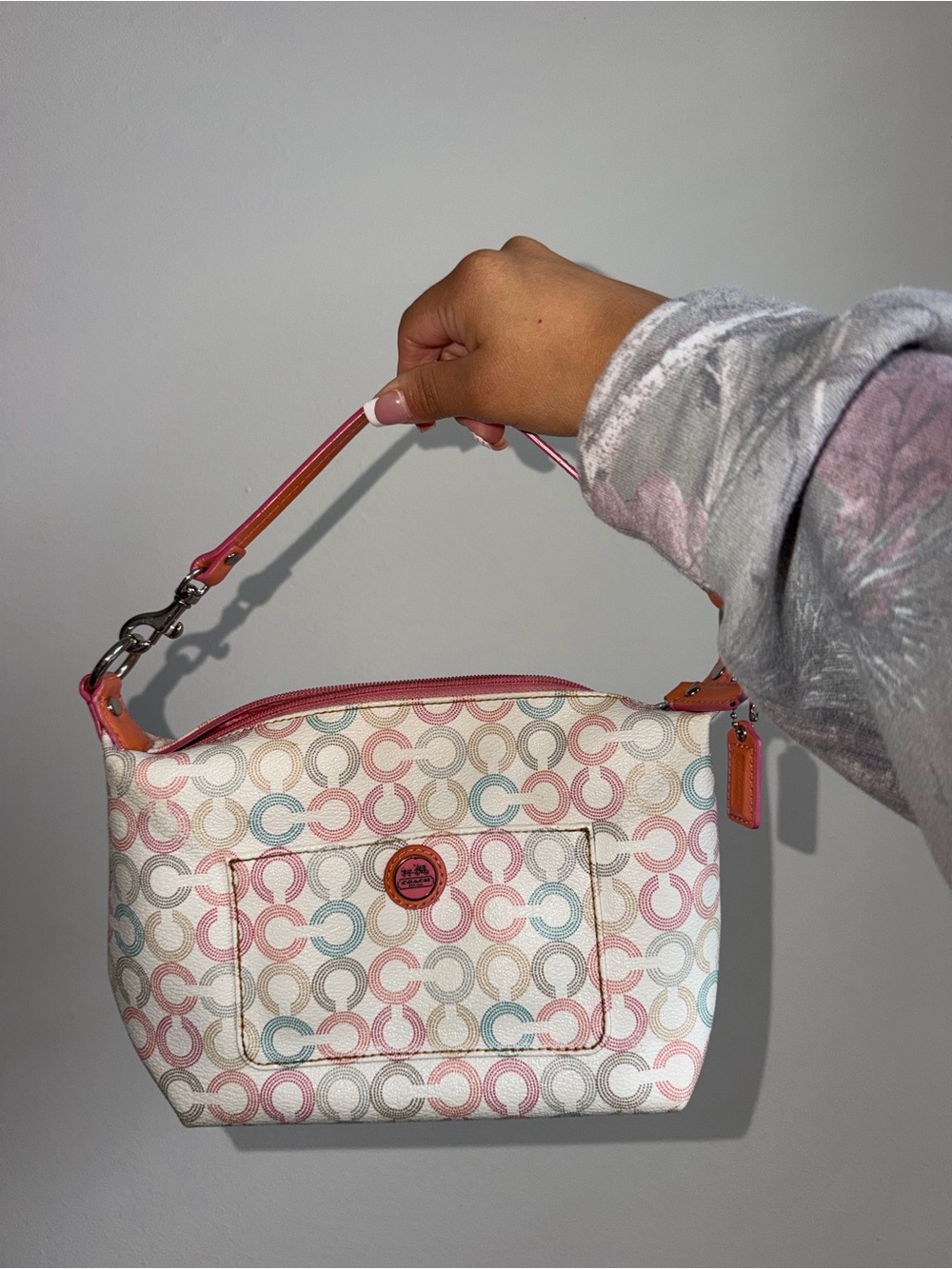 COACH Cream Signature Mini Shoulder Bag with Pink & Blue Accents